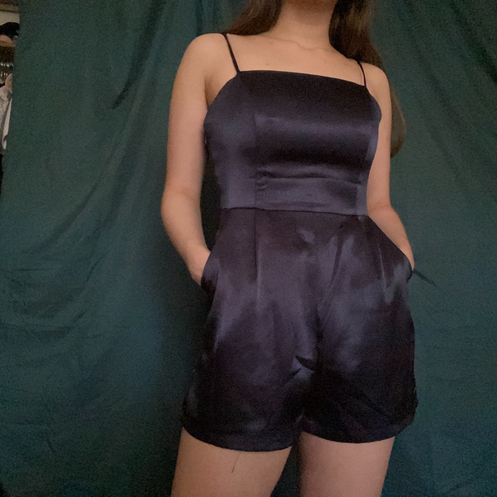 blue satin romper - urban outfitters